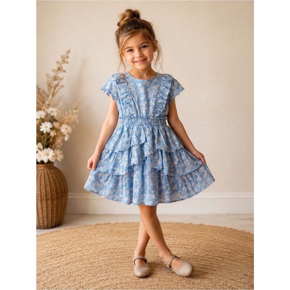 Scotch & Soda Girls Dress Size 7 8 Blue Floral Ruffle Tiered Dress Party